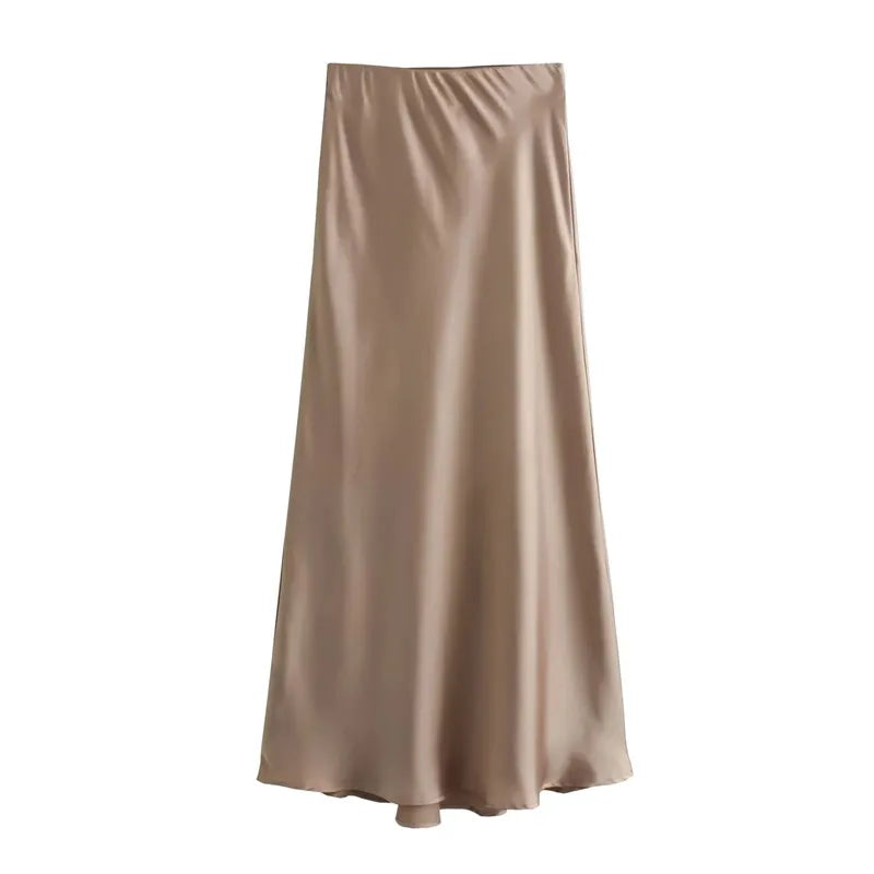 Satin High Waist Midi Skirt – Elegant Black Long Skirt for Summer, Office & Casual Wear.