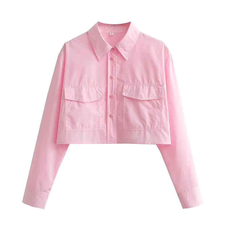 Cropped Pink Button-Up Shirt.