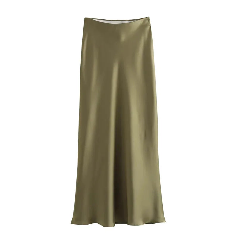 Satin High Waist Midi Skirt – Elegant Black Long Skirt for Summer, Office & Casual Wear.