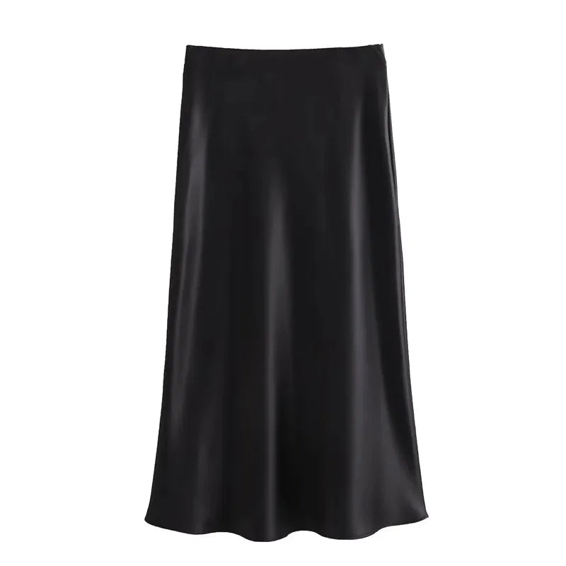 Satin High Waist Midi Skirt – Elegant Black Long Skirt for Summer, Office & Casual Wear.