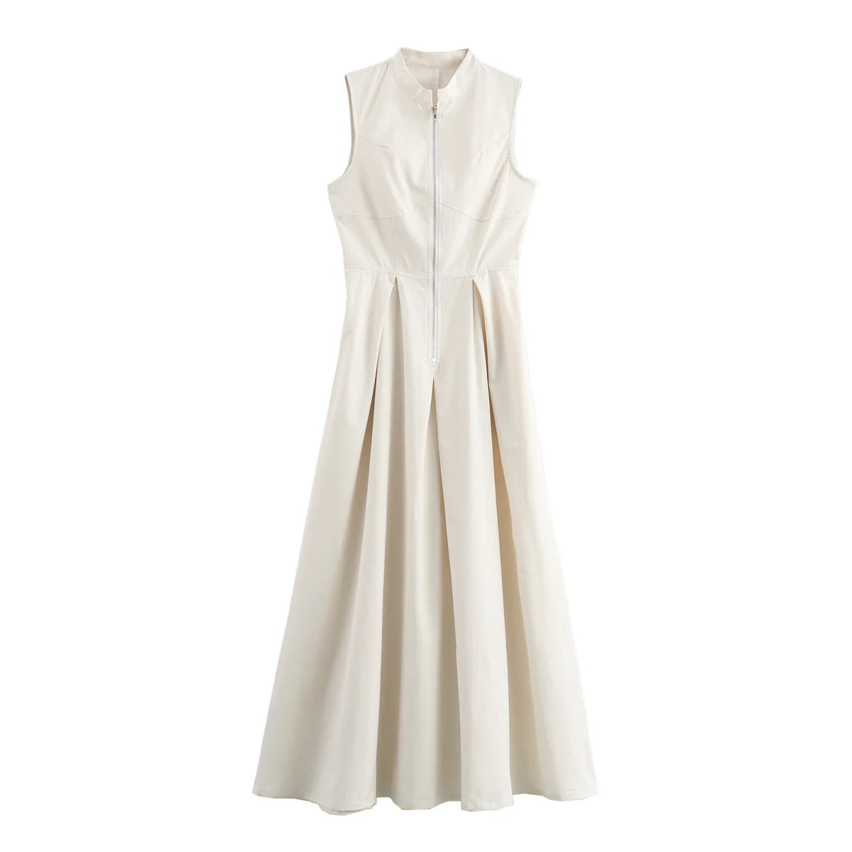 Women’s Sleeveless Pleated A-Line Dress – Elegant Round Collar Half Zipper Casual Dress.