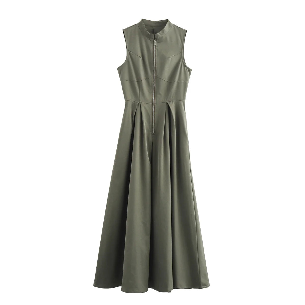 Women’s Sleeveless Pleated A-Line Dress – Elegant Round Collar Half Zipper Casual Dress.