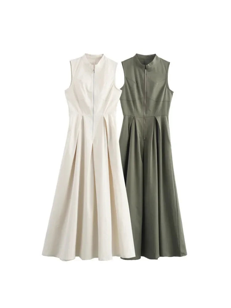 Women’s Sleeveless Pleated A-Line Dress – Elegant Round Collar Half Zipper Casual Dress.